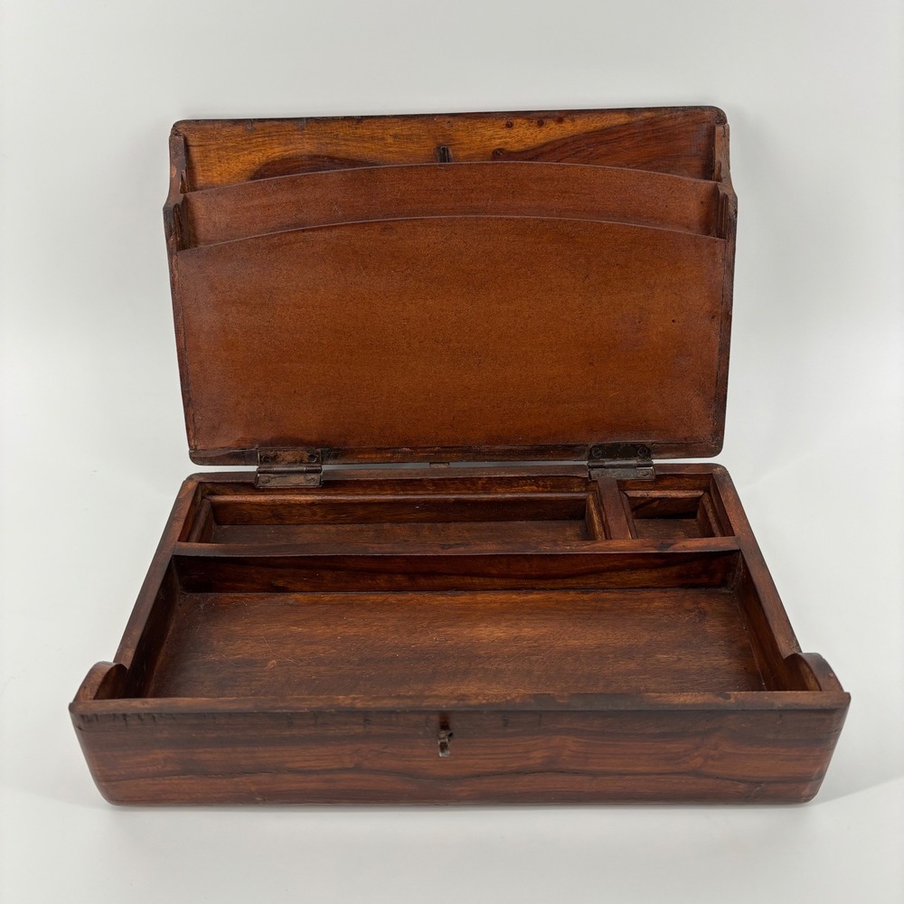 Antique Writing Slope Box, Large Brown Wood Iron Hardware Rustic Historical Farm - Picture 2 of 9
